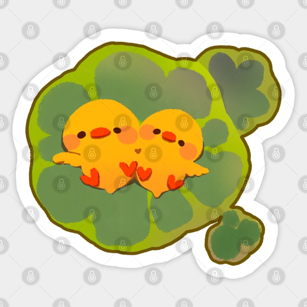 Cute Yellow Ducks Sunbathing on Lilypads Sticker by vooolatility